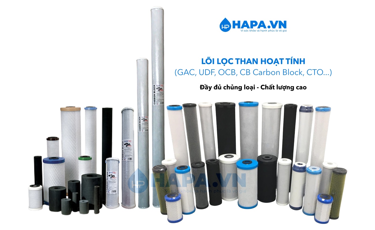 HAPA VN cung cấp các loại lõi lọc than hoạt tính phổ biến gồm: than hoạt tính dạng hạt (GAC), than hoạt tính nén (CTO), than hoạt tính từ gáo dừa, than hoạt tính bạc (diệt khuẩn), than hoạt tính tẩm khoáng và than hoạt tính composite (kết hợp với sợi hoặc vật liệu khác).