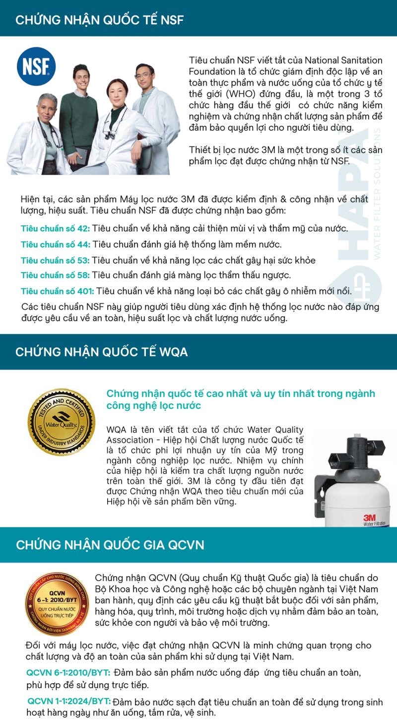 Máy Lọc Nước 3M Aqua-Pure đạt chuẩn quốc tế NSF, WQA, QCVN 6-1:2020/BYT tiêu chuẩn nước uống trực tiếp từ vòi