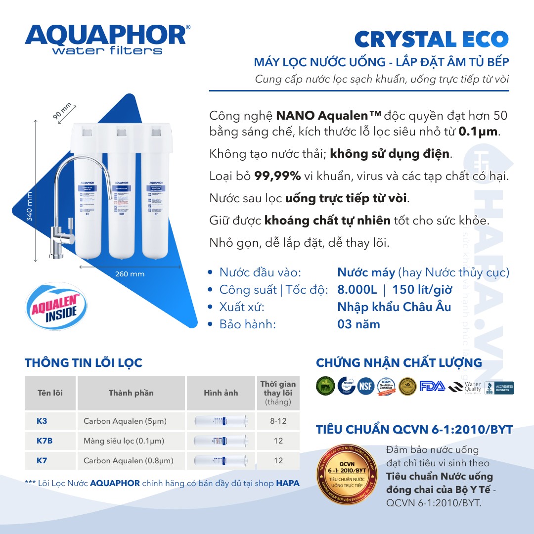 Thông số kỹ thuật Máy Lọc Nước AQUAPHOR CRYSTAL ECO - Hàng Chính Hãng