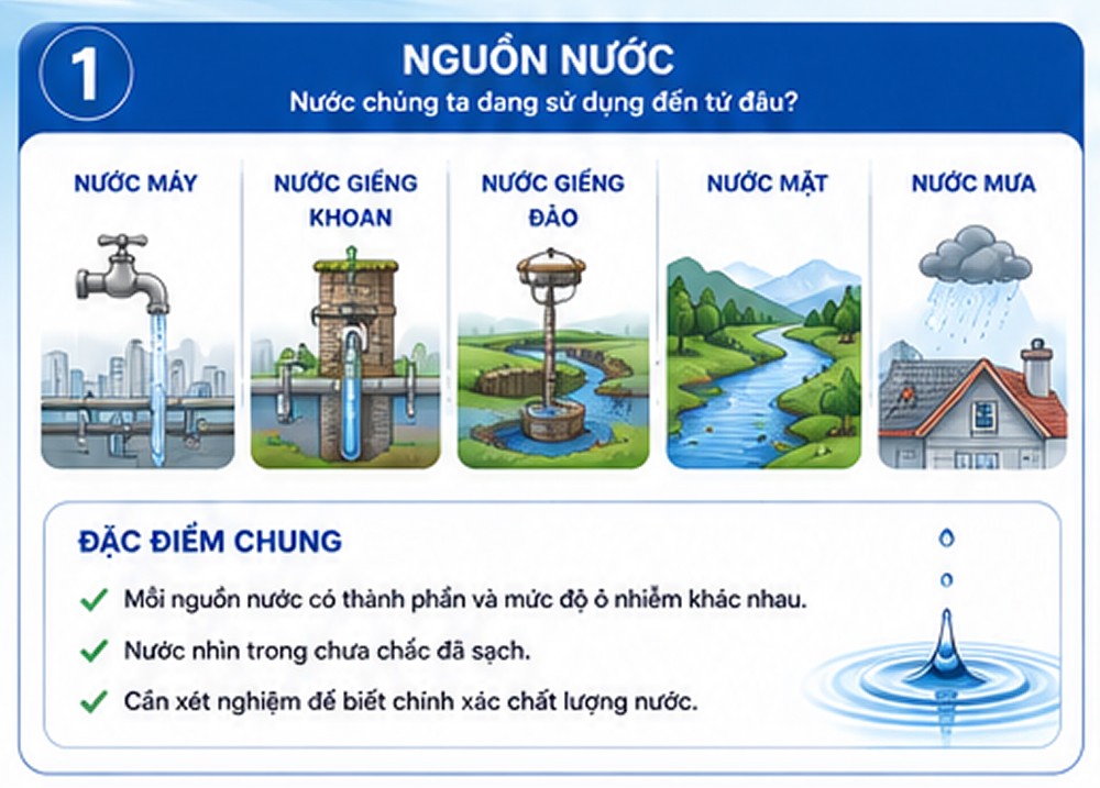 Infographic các nguồn nước phổ biến tại Việt Nam và công nghệ máy lọc nước gia đình phù hợp cho từng loại nguồn nước.