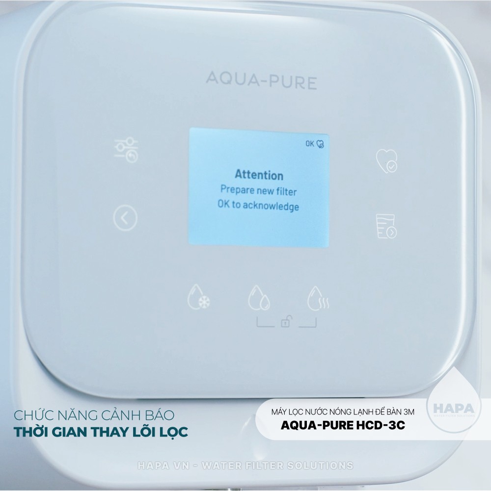 Màn hình chức năng cảnh báo thay lõi lọc của Máy Lọc Nước Nóng Lạnh Để Bàn 3M Aqua-Pure HCD-3C