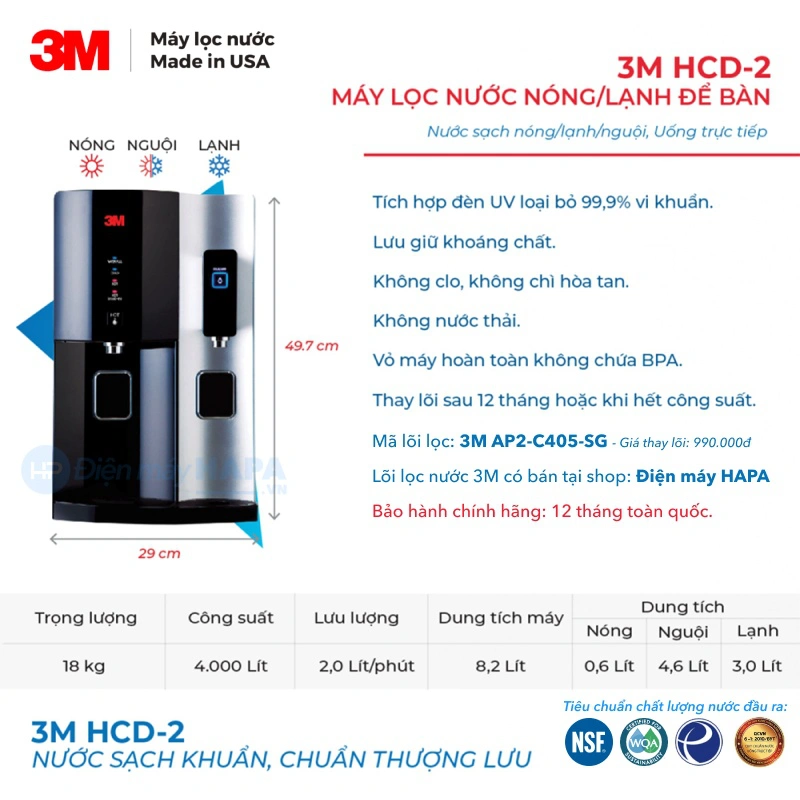 Thông số kỹ thuật Máy Lọc Nước Nóng Lạnh Để Bàn 3M HCD-2