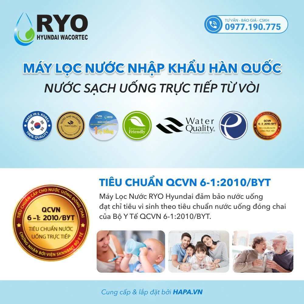 Máy Lọc Nước Ryo Hyundai đạt chuẩn nước sạch uống trực tiếp từ vòi