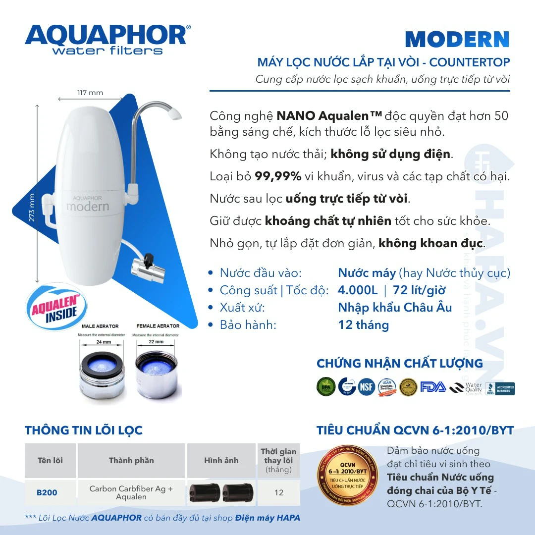 Thông số kỹ thuật máy lọc nước để bàn Aquaphor Modern 01