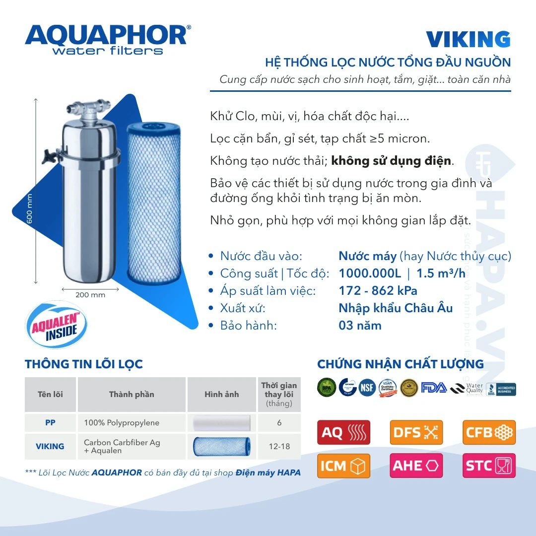 Thông số kỹ thuật của Máy Lọc Nước Đầu Nguồn AQUAPHOR VIKING 01