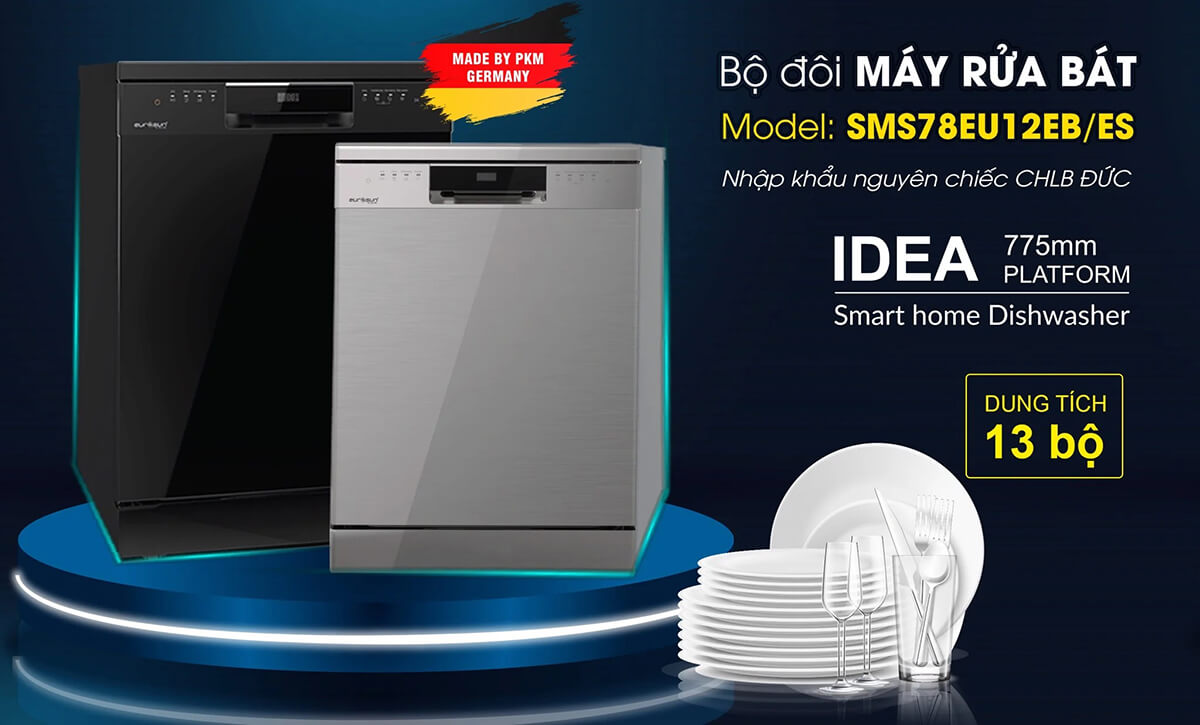 Máy Rửa Chén Bát Eurosun SMS78EU12EB - SMS78EU12ES - Độc Lập hoặc Âm Tủ, Serial 7, 13+ bộ, NEW - Hàng Chính Hãng 100%