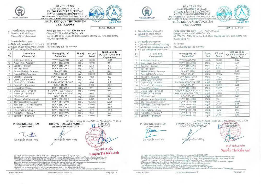 Giấy chứng nhận Máy Điện Giải iON Kiềm TRIMION, TRIM ION Alkaline Water | Hapa.vn
