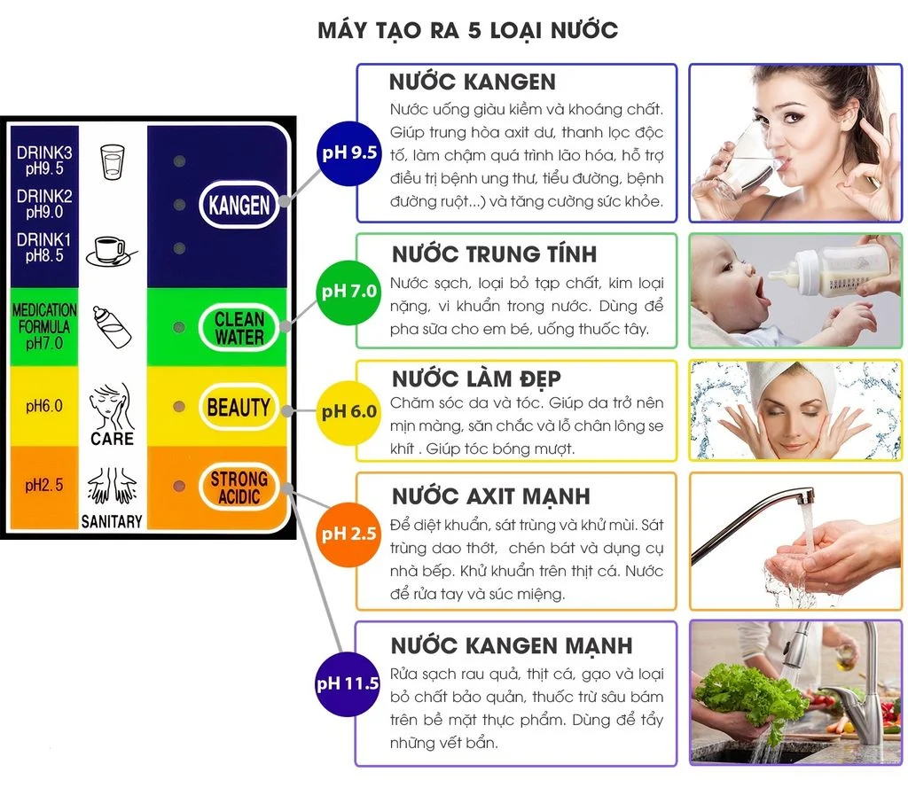 Các loại nước tạo ra từ máy Máy Điện Giải ION Kiềm Kangen LEVELUK SD501 Platinum - Nhập Khẩu Nhật Bản