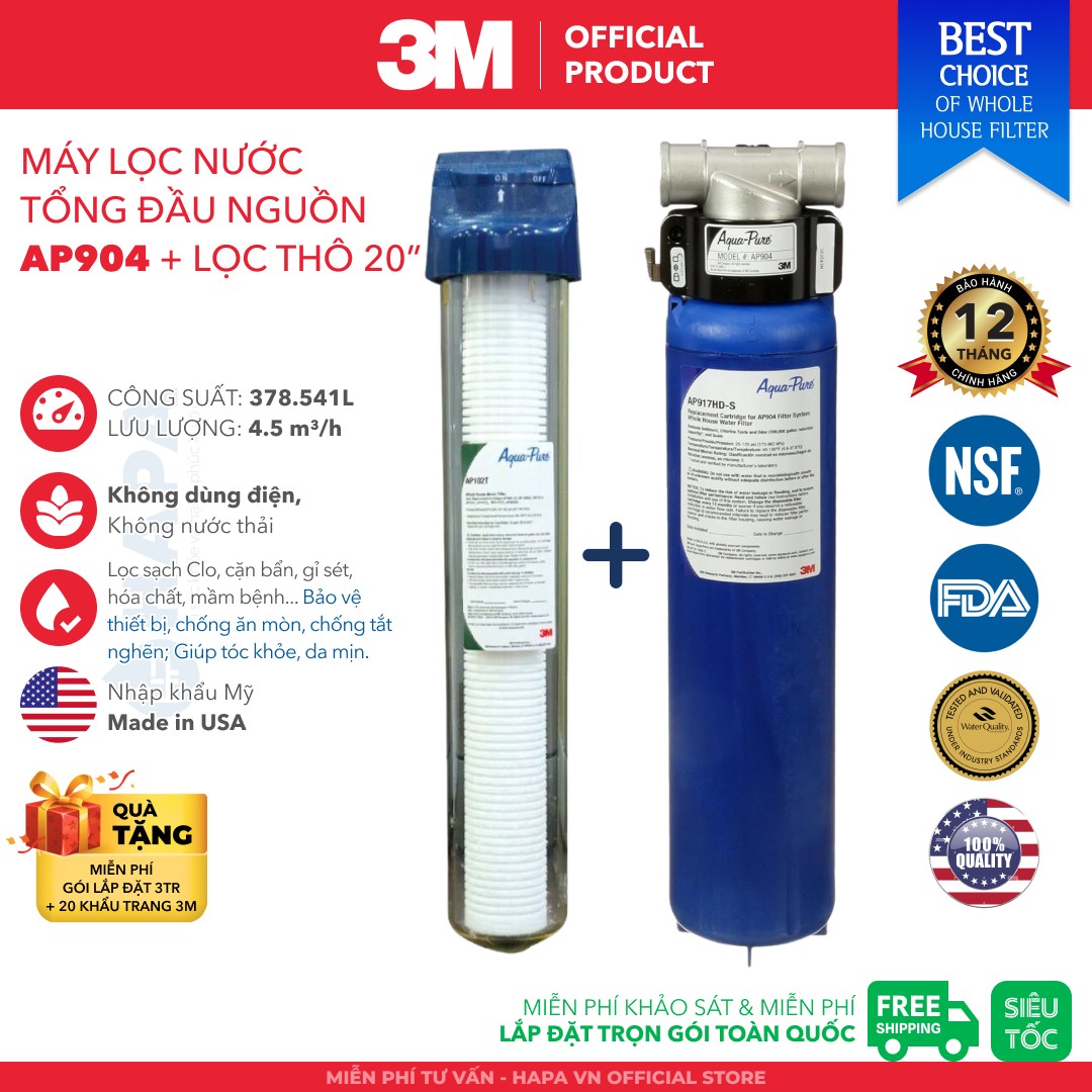 Hệ Thống Lọc Tổng 3M AP904 Kèm Bộ Lọc Thô 3M 20 inch - Nhập Khẩu Mỹ