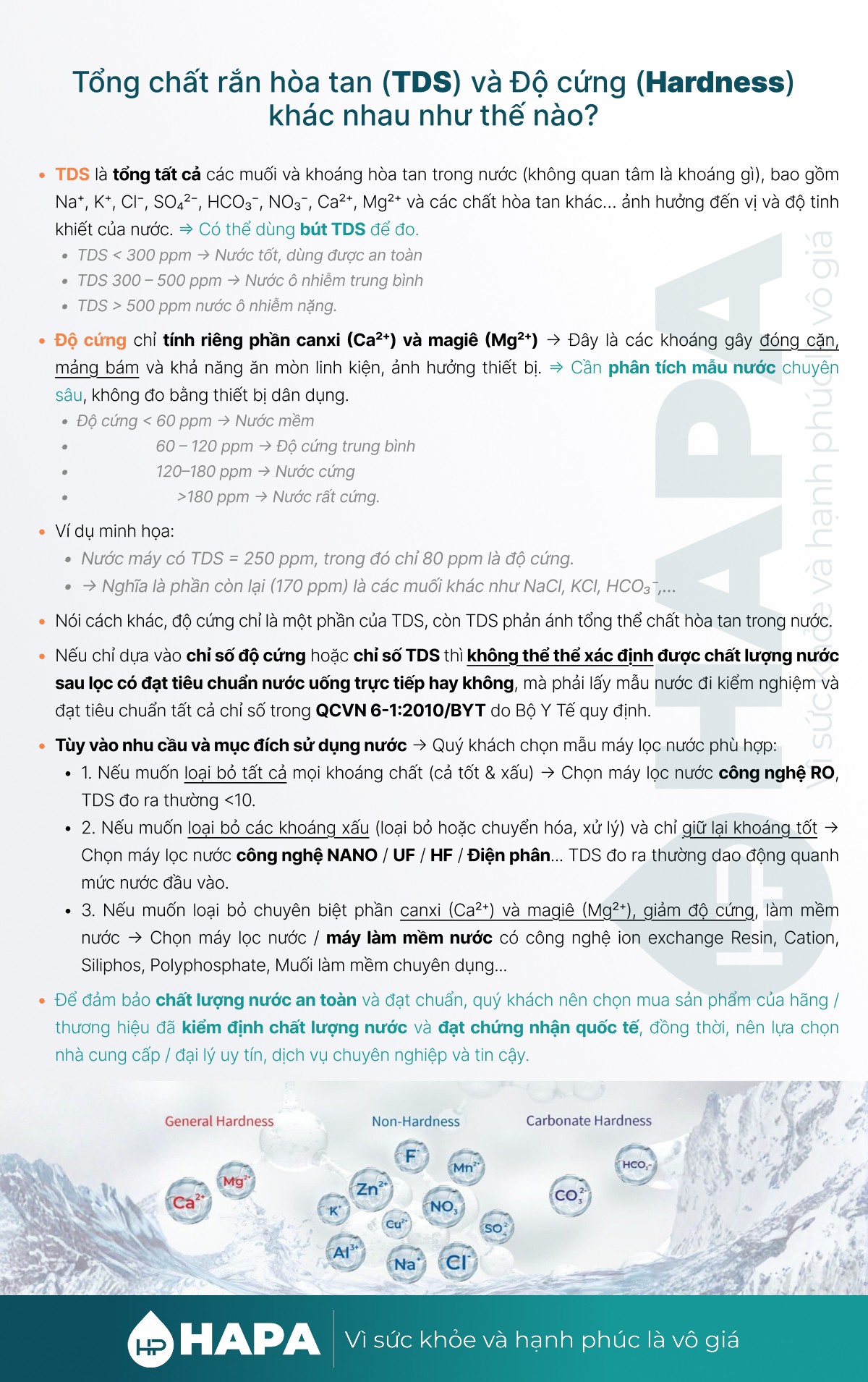 So sánh Tổng chất rắn hòa tan (TDS) và Độ cứng (Hardness) giống nhau và khác nhau như thế nào.