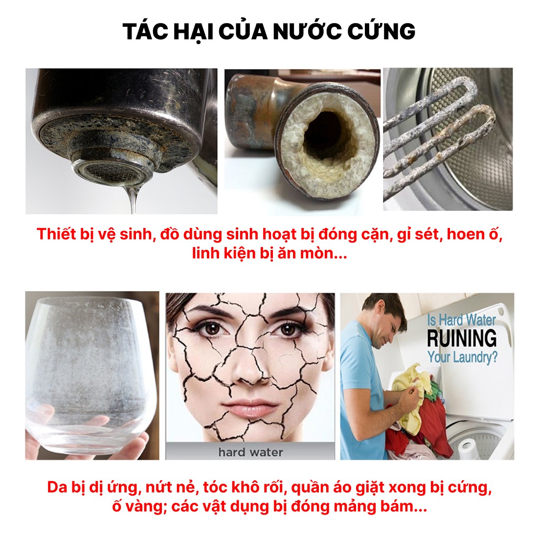 Nước cứng gây đóng cặn, hỏng thiết bị, khô da tóc và tốn kém chi phí sinh hoạt
