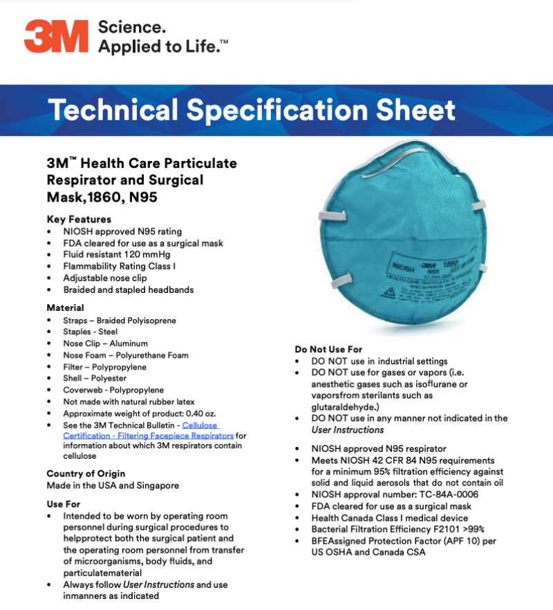 3M 1860 N95 Technical Specification Sheet detailing filtration efficiency, materials, certifications, and performance standards for healthcare respiratory protection.