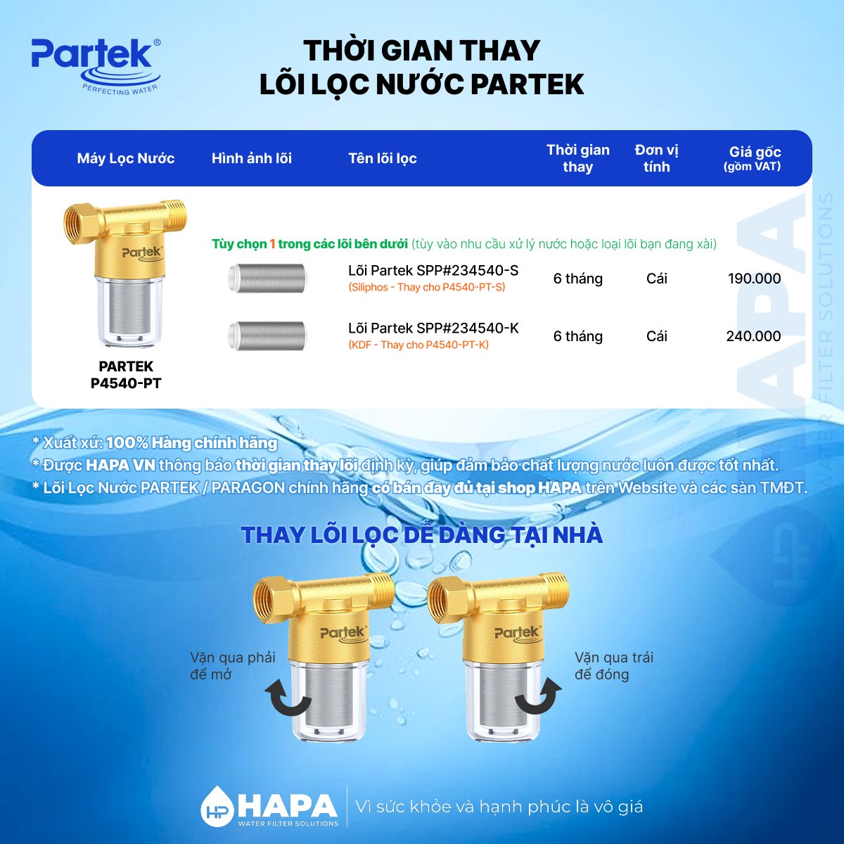 Thời gian thay lõi lọc PARTEK P4540-PT-K (KDF) - P4540-PT-S (Siliphos)