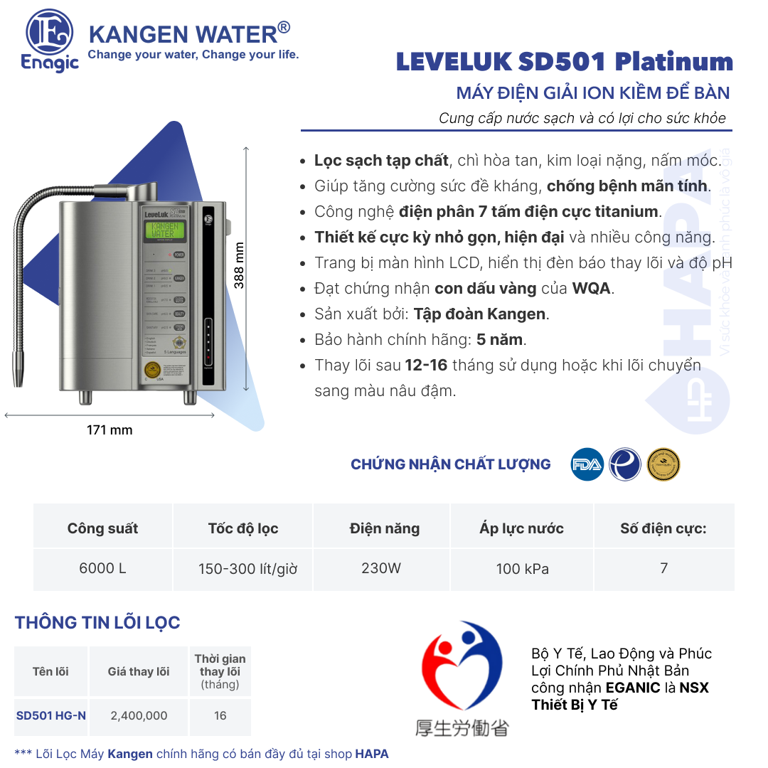 Thông số kỹ thuật Máy Điện Giải Kangen LEVELUK SD501 Platinum