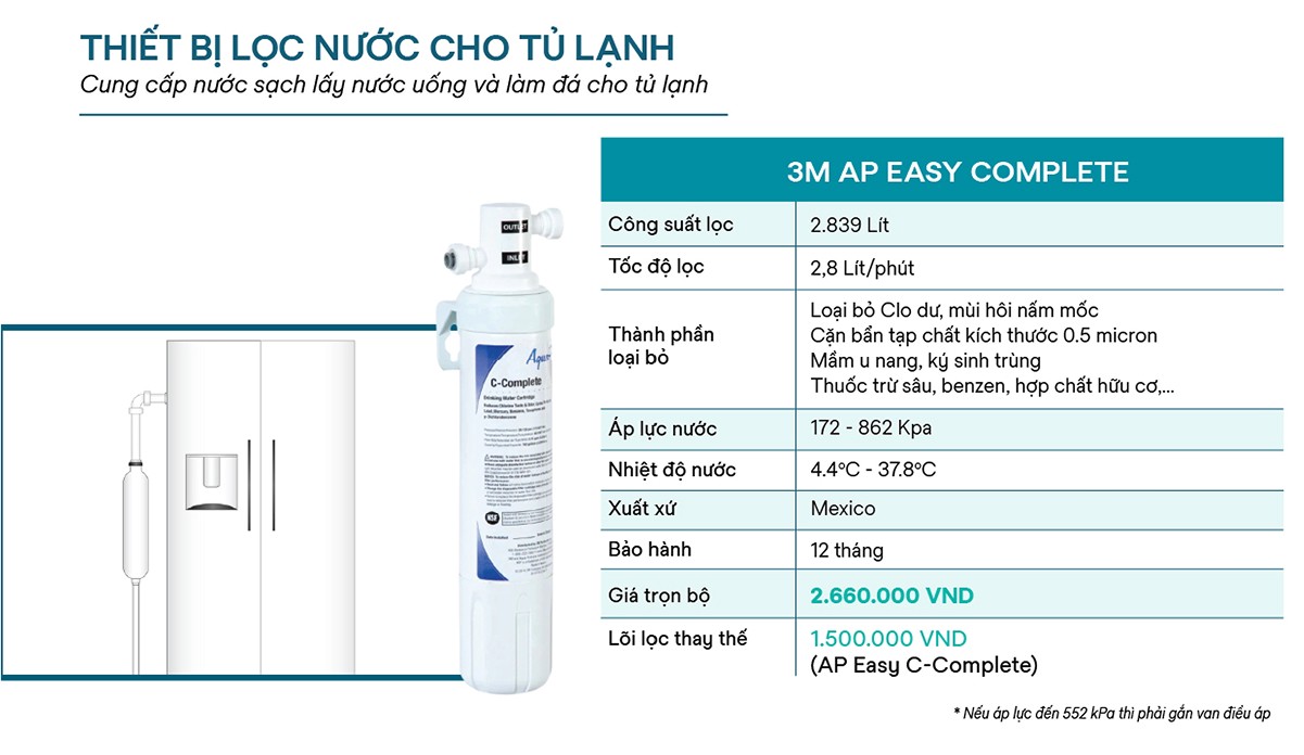 Máy Lọc Nước 3M AP-EASY C-COMPLETE có thể lắp cho tủ lạnh để cung cấp nước uống lạnh tự động, làm đá viên, đá bào