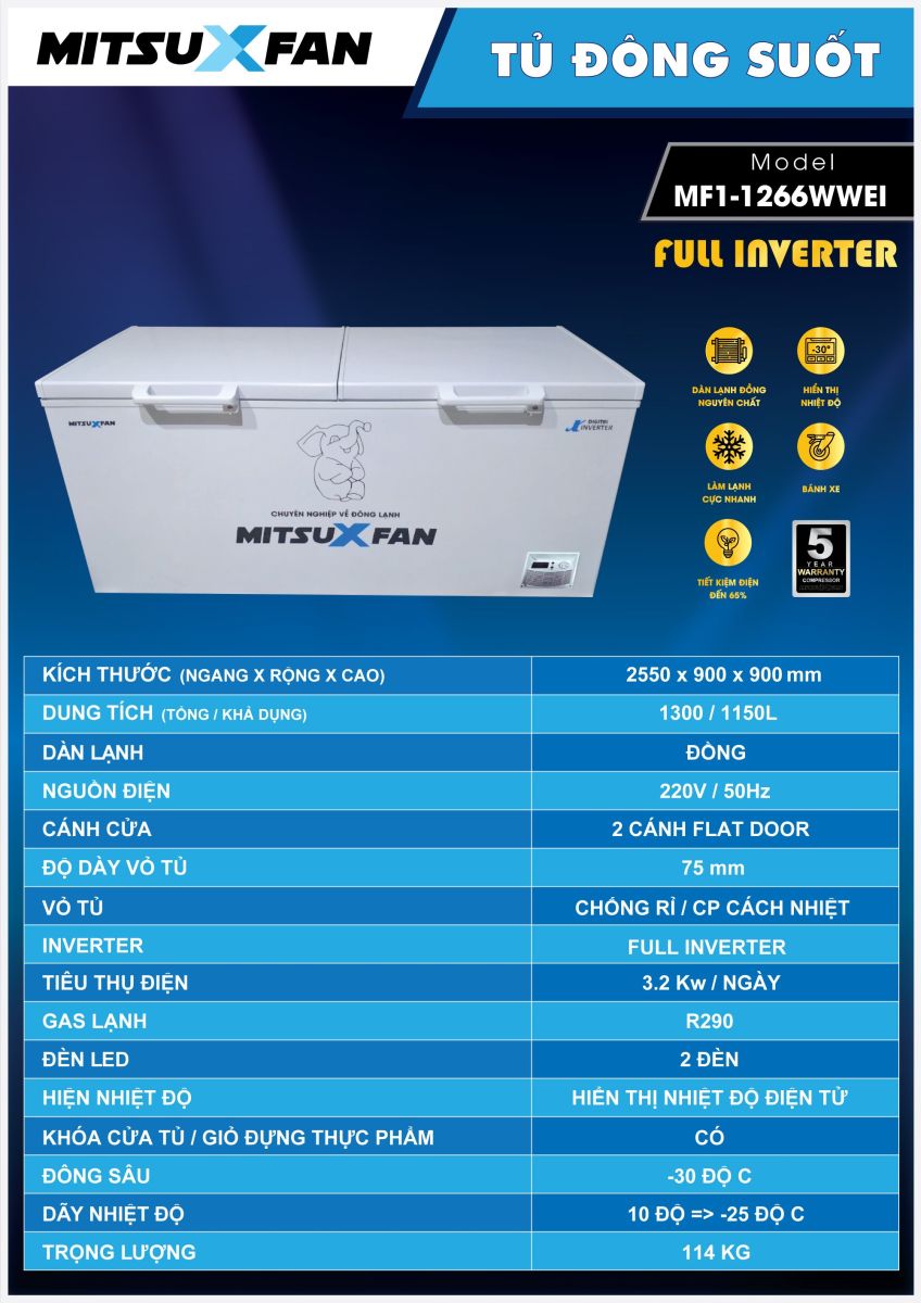 Thông số kỹ thuật Tủ Đông Cao Cấp MitsuXfan MF1-1266WWEI - Hàng Chính Hãng - Điện máy HAPA.vn