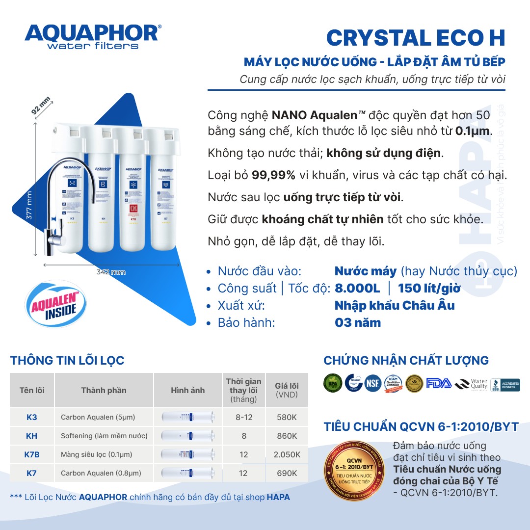Thông số kỹ thuật Máy Lọc Nước AQUAPHOR CRYSTAL ECO HL ECO H Chính Hãng