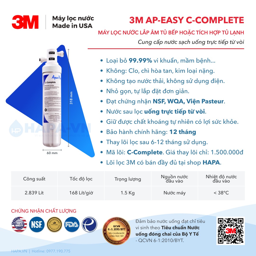 Thông số kỹ thuật của Máy Lọc Nước Mỹ 3M AP-EASY C-COMPLETE - Hàng Chính Hãng 3M