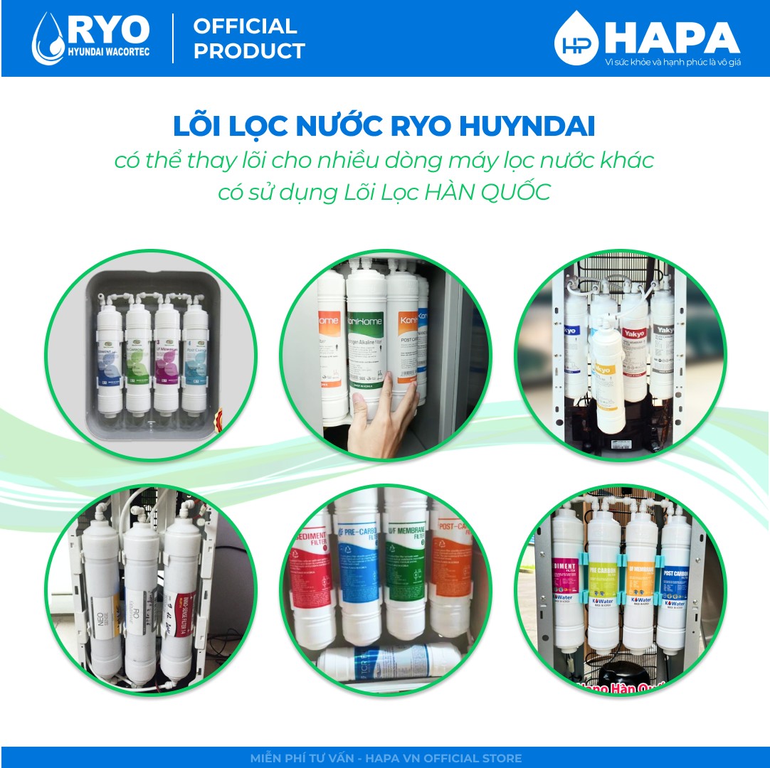 Lõi Lọc Nước RYO Hyundai có thể dùng thay thế lõi lọc cho các dòng máy Hàn Quốc: CNC, Coway, Yakyo, KoriHome, Hyundai, Rewa, Seoul Aqua, Sambon, Waco, SK Magic, Cuckoo, Hansung, Hana, Kangaroo (lõi Hàn Quốc), Sunhouse (lõi Hàn Quốc), Karofi (lõi Hàn Quốc), Daikiosan, Makano, Korea King, ChungHo Nais...