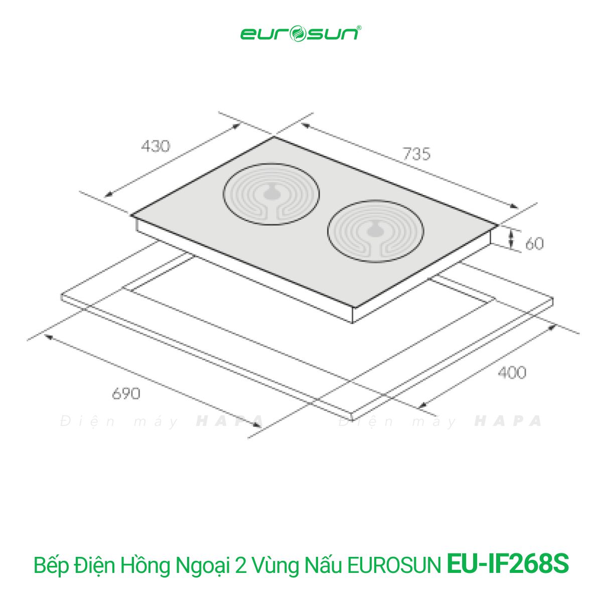 Kích thước lắp đặt của Bếp Điện Hồng Ngoại Đôi Eurosun EU-IF268S