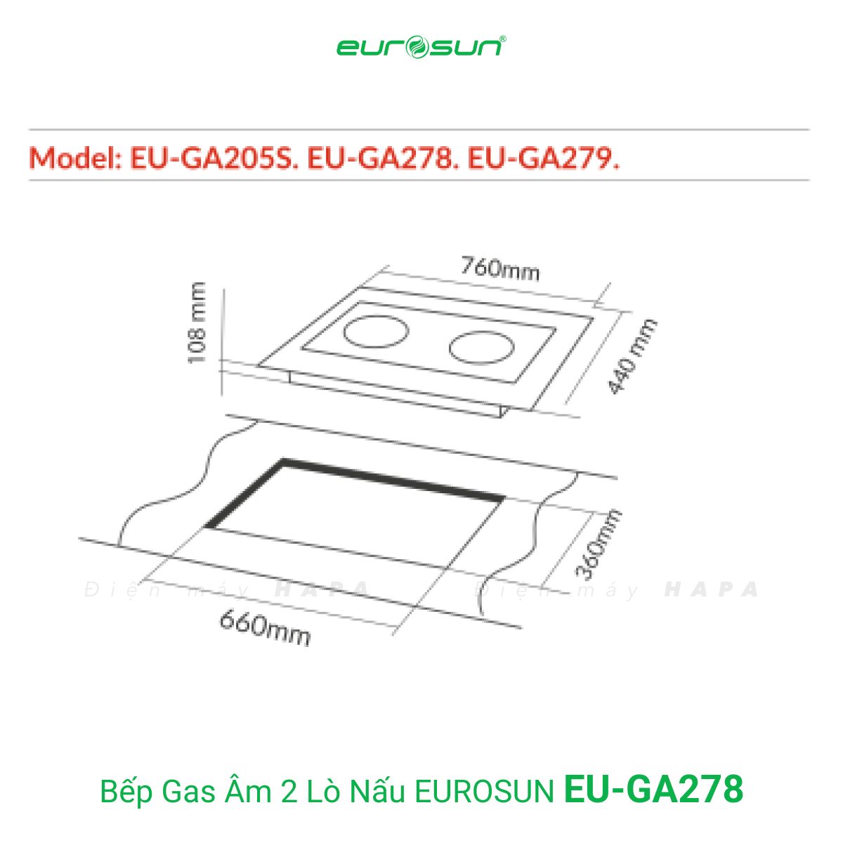 Kích thước lắp đặt của Bếp Gas Âm 2 Lò Nấu Eurosun EU-GA278 - Tiết kiệm gas, Cảm biến an toàn