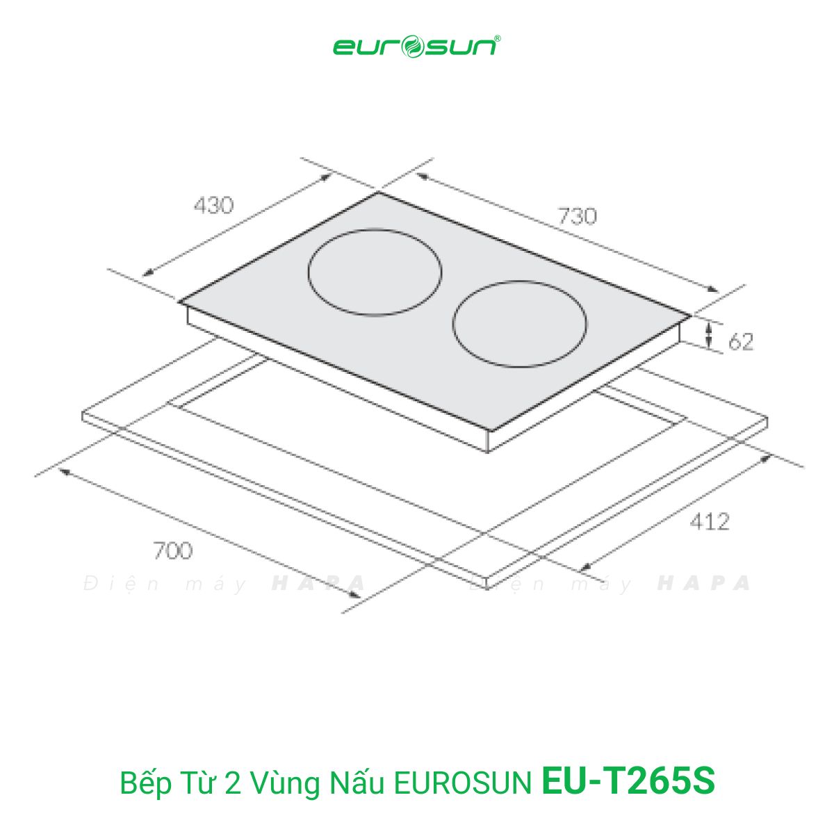 Kích thước lắp đặt của Bếp Từ Đôi Eurosun EU-T265S
