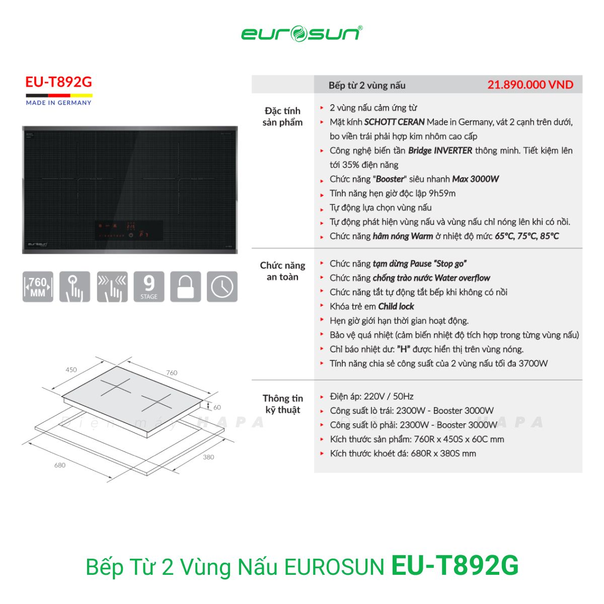 Giới thiệu Bếp Từ Đôi Eurosun EU-T892G - Inverter Thông Minh, Nhập khẩu CHLB Đức