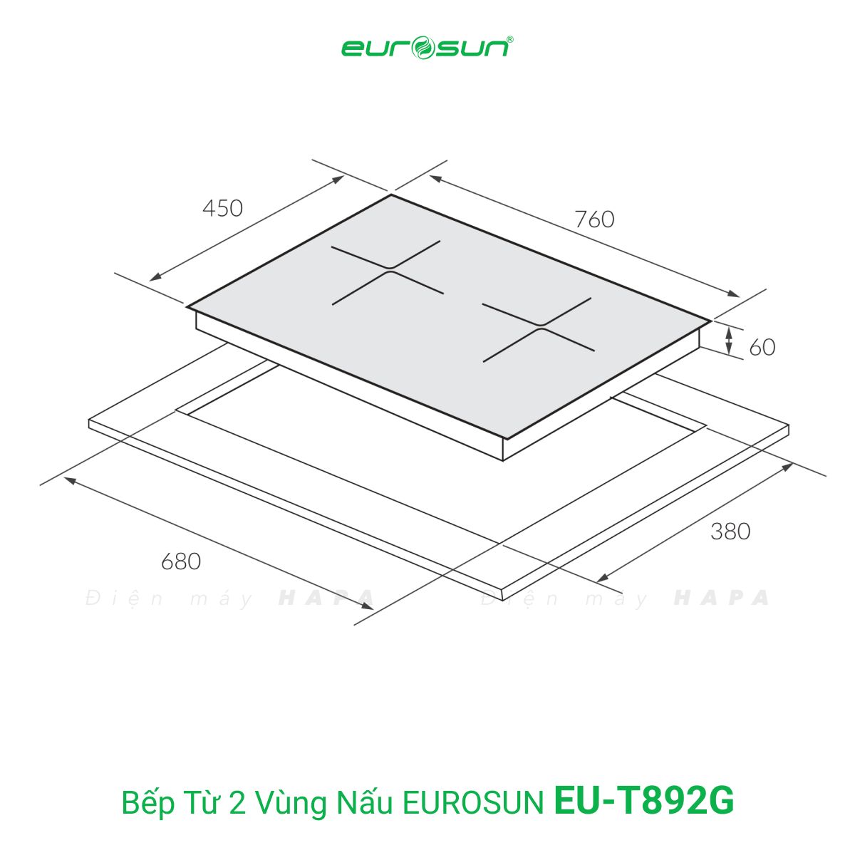 Kích thước lắp đặt của Bếp Từ Đôi Eurosun EU-T892G