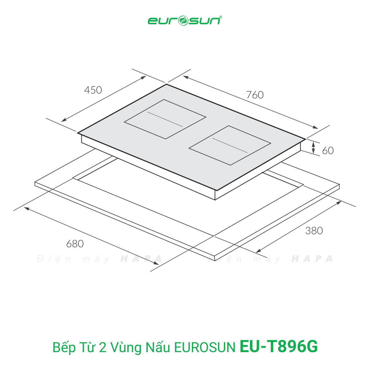 Kích thước lắp đặt của Bếp Từ Đôi Eurosun EU-T896G - Inverter Thông Minh, Nhập khẩu CHLB Đức