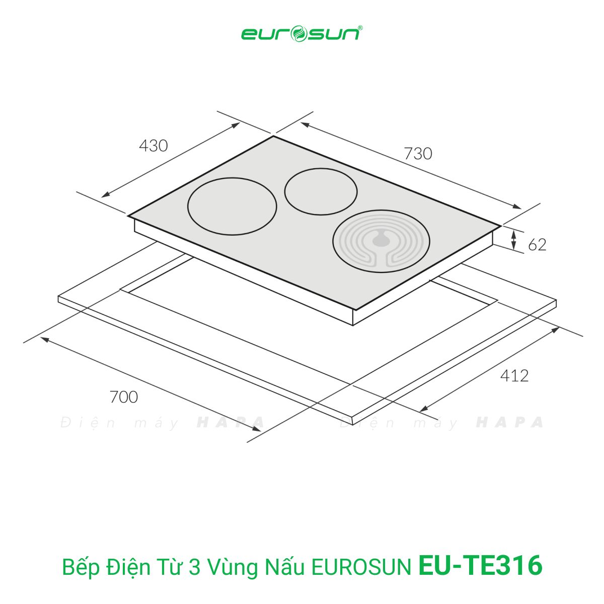 Kích thước lắp đặt của Bếp Điện Từ Eurosun EU-TE316 - Inverter thông minh, 2 từ + 1 hồng ngoại