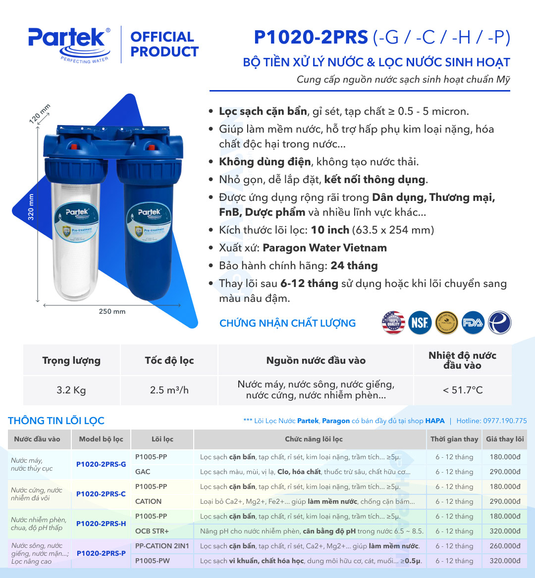 Thông số kỹ thuật của Bộ Đôi 2 Cốc Lọc Nước Sinh Hoạt PARTEK Series P1020-2PRS Cao Cấp Mỹ - Hàng Chính Hãng