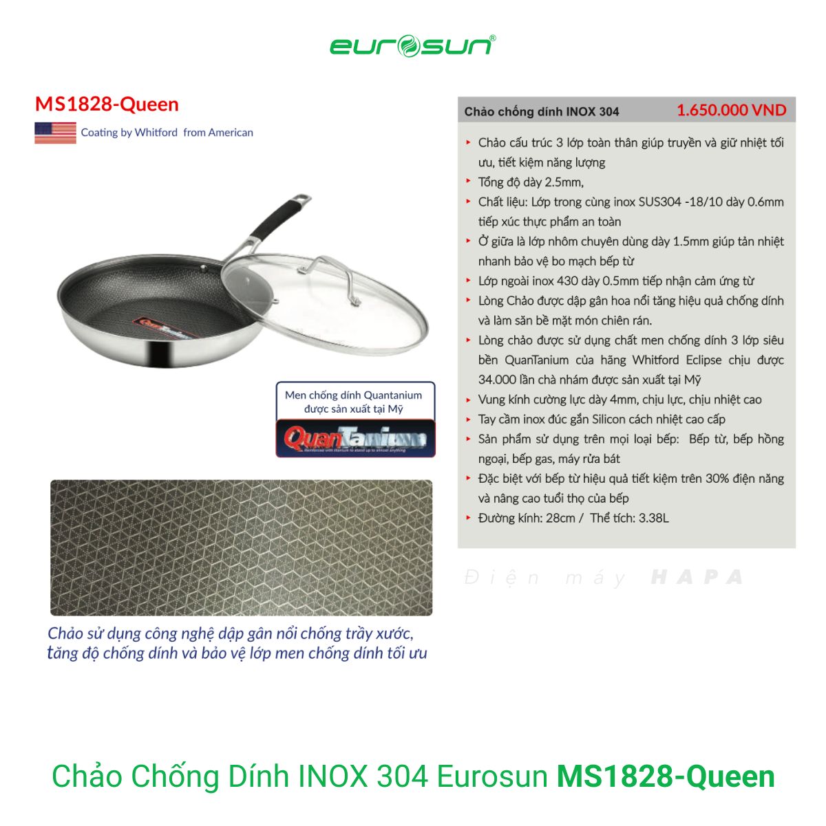 Thông số kỹ thuật Chảo chống dính INOX304 Eurosun MS1828-Queen