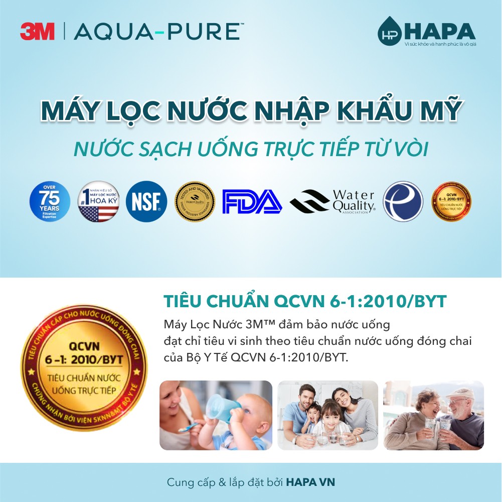 Máy Lọc Nước Nóng Lạnh 3M Aqua-Pure HCD-3C đạt tiêu chuẩn nước uống trực tiếp Bộ Y Tế, tiêu chuẩn quốc tế NSF, WQA, Pasteur.