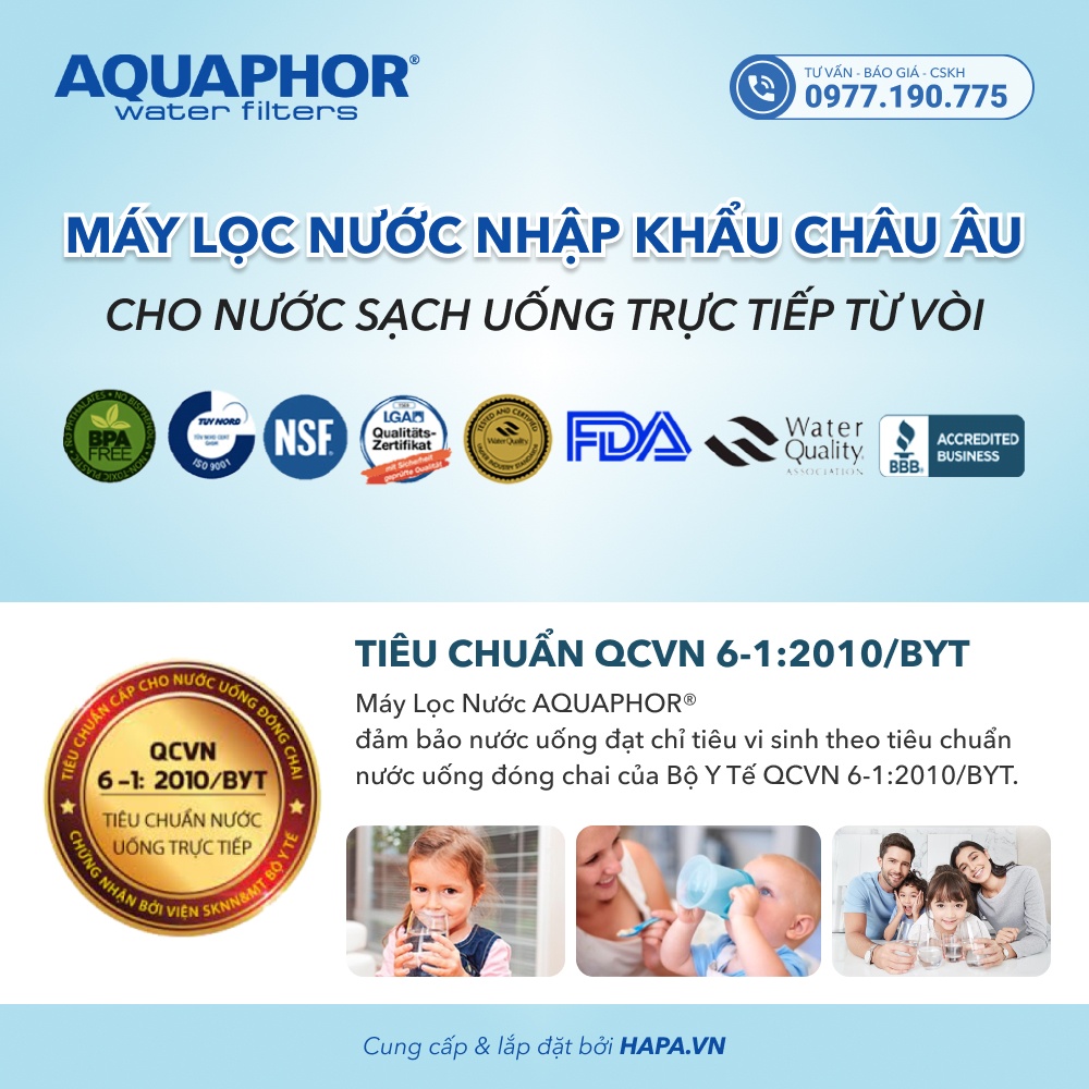 Máy Lọc Nước AQUAPHOR CRYSTAL H đạt chuẩn quốc tế NSF, WQA, Viện Pasteur về nước sạch