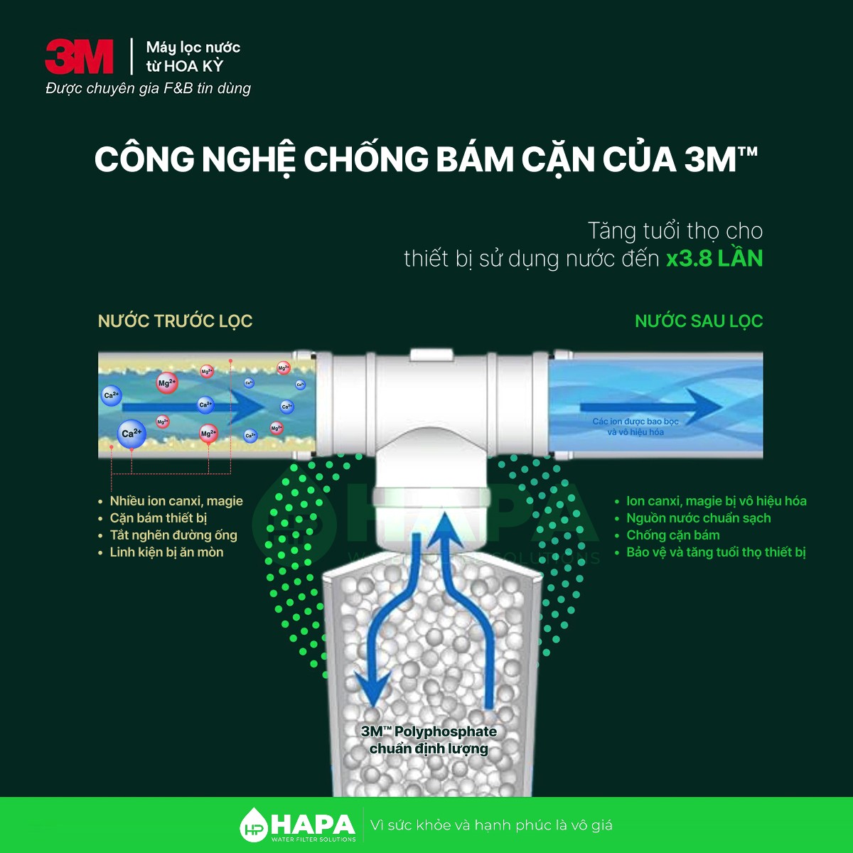 Công nghệ chống bám cặn với Polyphosphate ứng dụng trong Ưu điểm nổi bật của Bộ Tiền Xử Lý Nước 3M BREW120-MS Cho Máy Điện Giải iON Kiềm - Nhập khẩu Mỹ