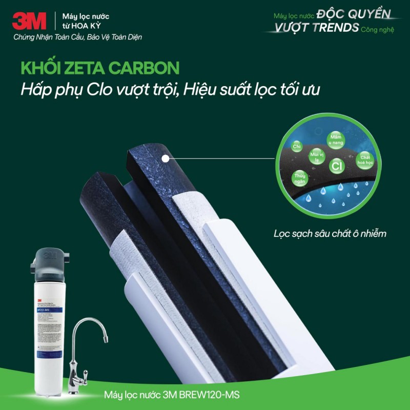 Khả năng lọc Clo vượt trội của khối 3M Zeta Carbon trong máy lọc nước 3M BREW120-MS Mỹ