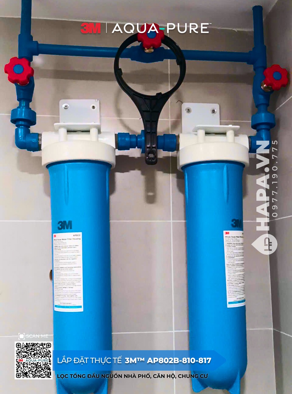 Ảnh lắp đặt thực tế của Máy lọc nước đầu nguồn 3M™ Aqua-Pure™ AP802B-810-817 sử dụng lõi PP AP810 và GAC AP817 tại HAPA VN - 02
