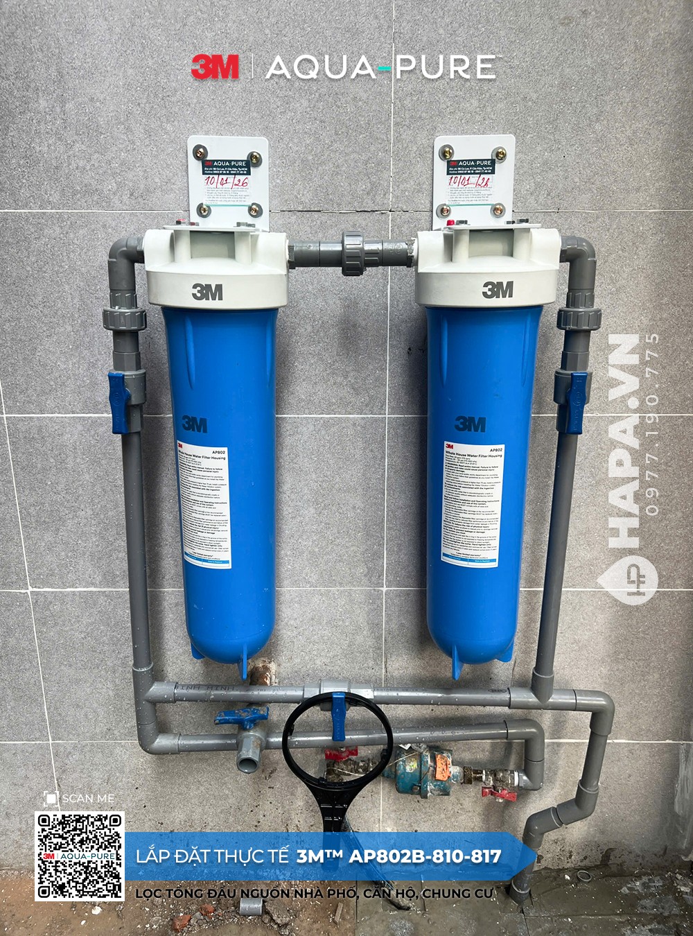 Ảnh lắp đặt thực tế của Máy lọc nước đầu nguồn 3M™ Aqua-Pure™ AP802B-810-817 sử dụng lõi PP AP810 và GAC AP817 tại HAPA VN - 04