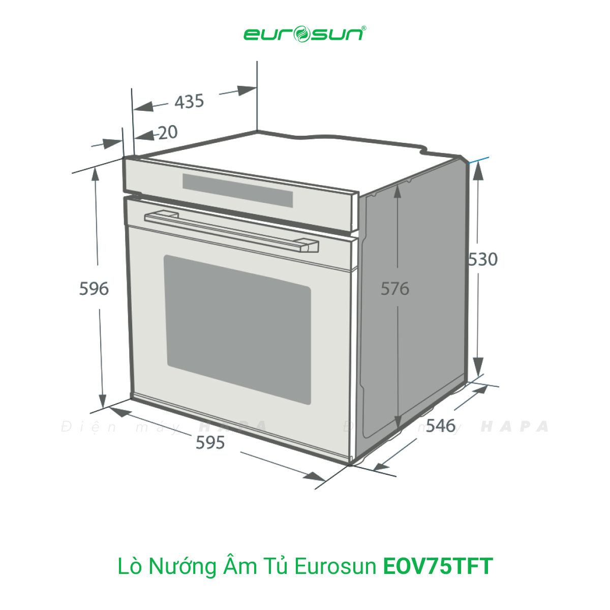 Kích thước lắp đặt Lò Nướng Âm Tủ Eurosun EOV75TFT - 13 chức năng tích hợp, 78L
