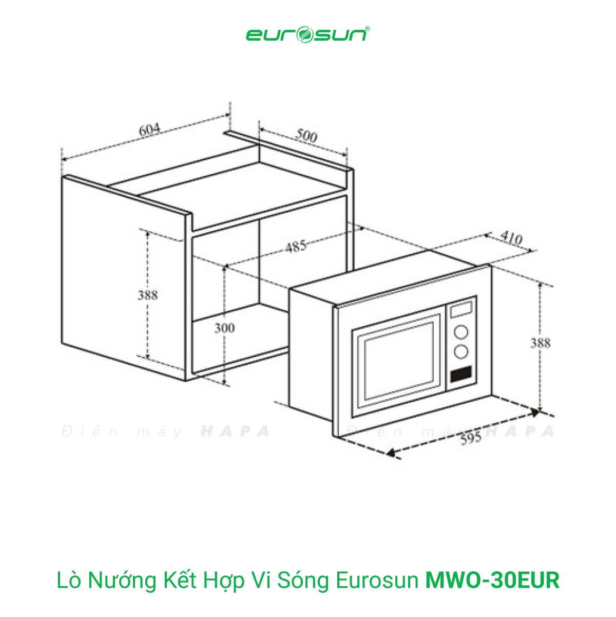 Kích thước lắp đặt Lò Vi Sóng Kết Hợp Lò Nướng Lắp Âm Tủ Eurosun MWO-30EUR - 2 Trong 1, 28L