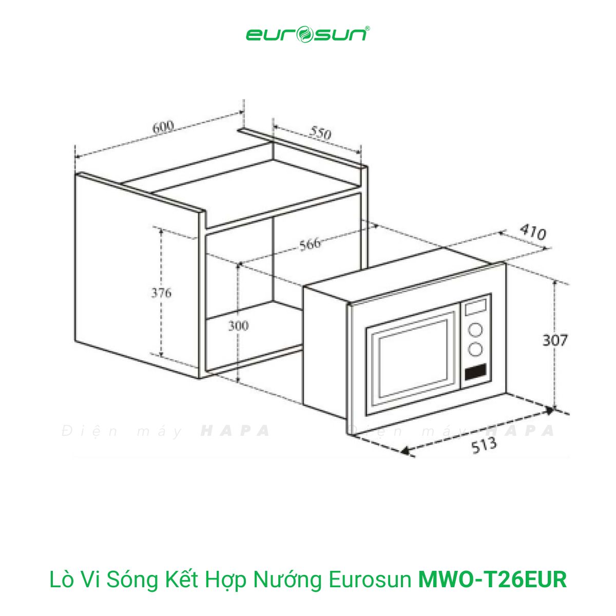 Kích thước lắp đặt Lò Vi Sóng Kết Hợp Lò Nướng Để Bàn Eurosun MWO-T26EUR