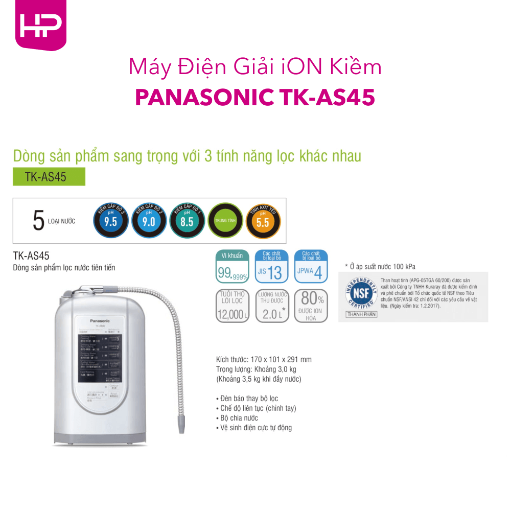 Thông số kỹ thuật của Máy Điện Giải iON Kiềm Panasonic TK-AS45