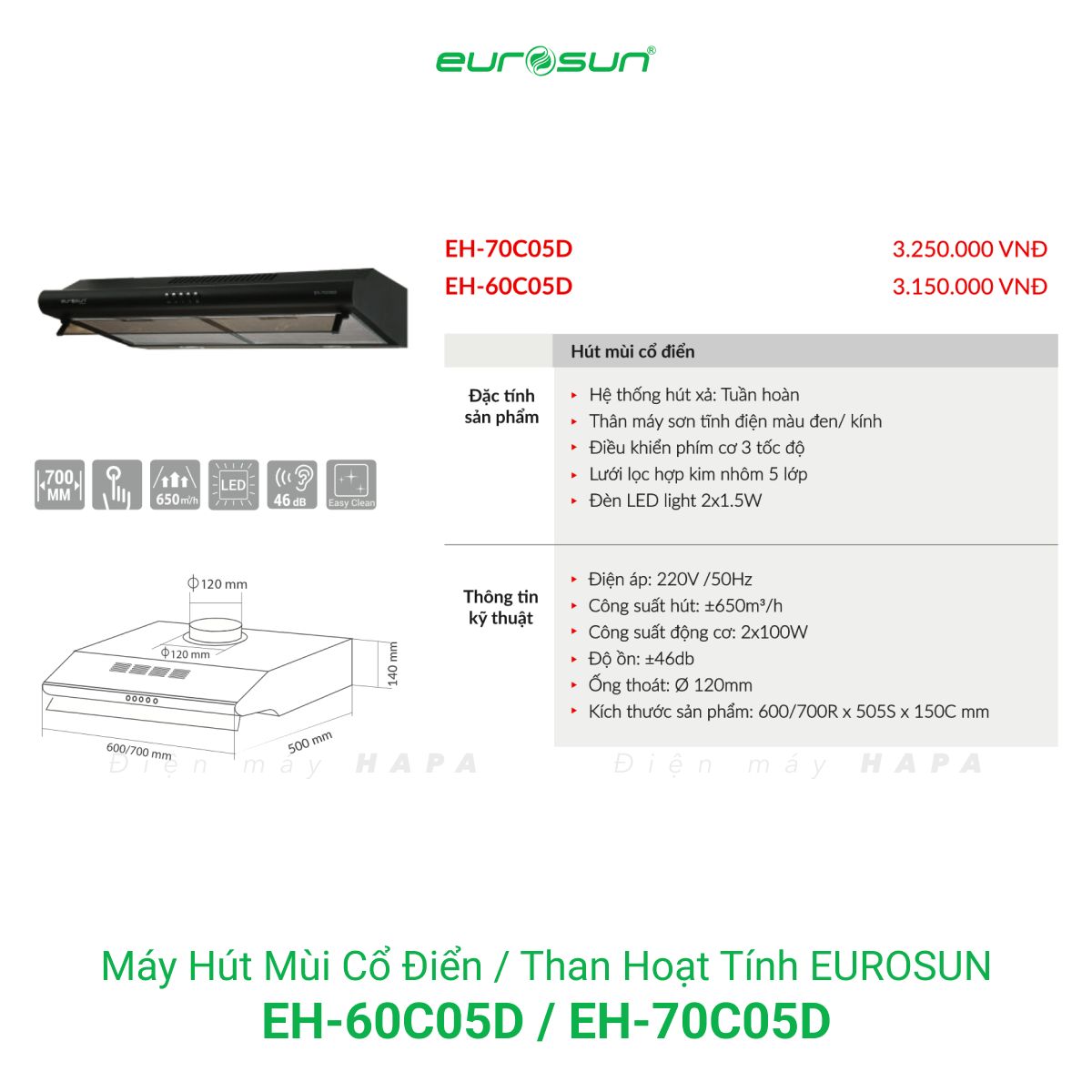 Thông số kỹ thuật Máy Hút Mùi Đảo Eurosun EH-60C05D - EH-70C05D - Hàng Chính Hãng 100%