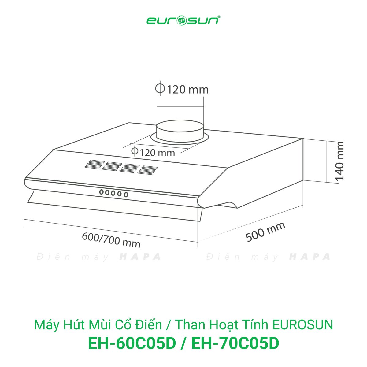 Thông số kỹ thuật Máy Hút Mùi Đảo Eurosun EH-60C05D - EH-70C05D - Hàng Chính Hãng 100%