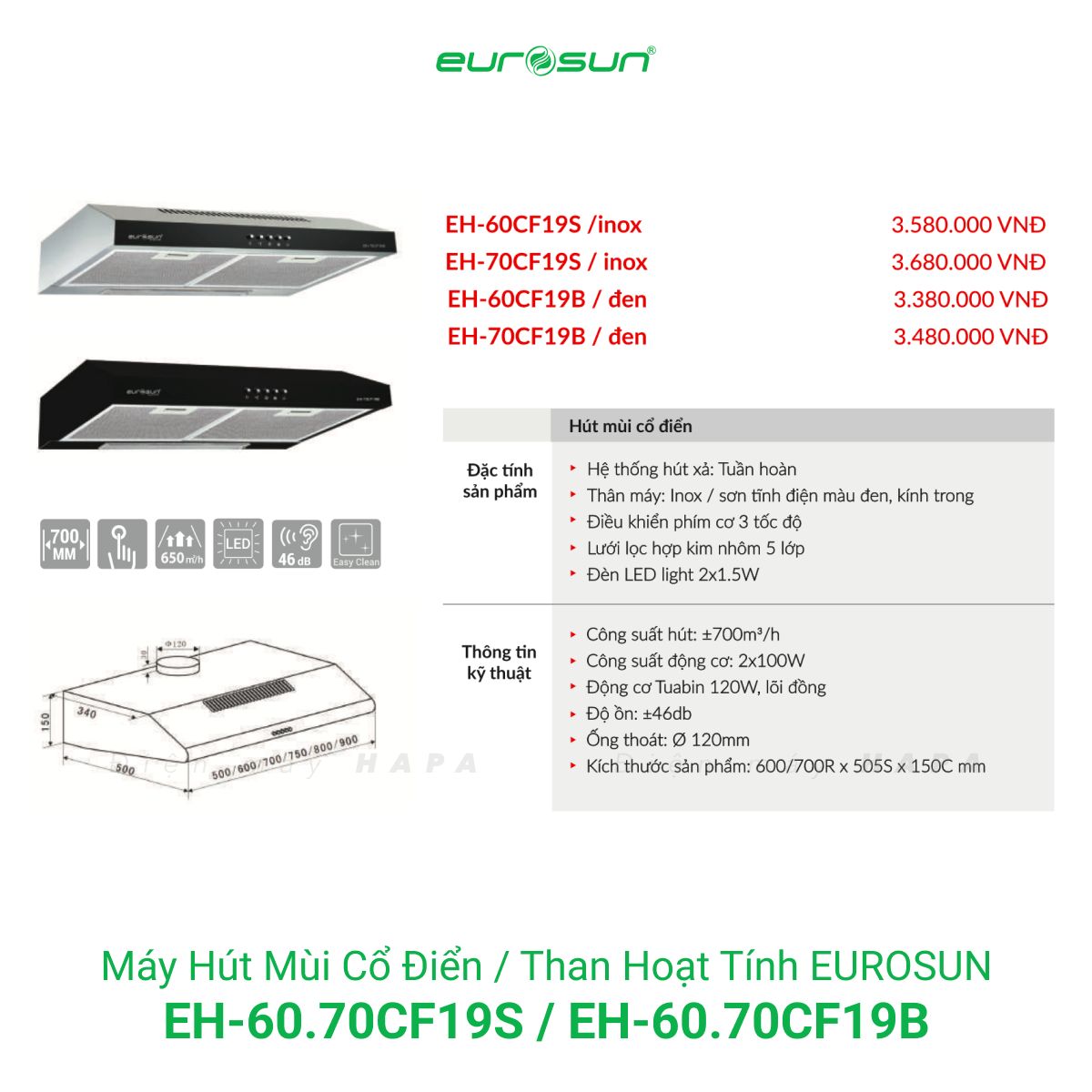 Thông số kỹ thuật Máy Hút Mùi Đảo Eurosun EH-60CF19S - EH-70CF19S - EH-60CF19B - EH-70CF19B - Hàng Chính Hãng 100%