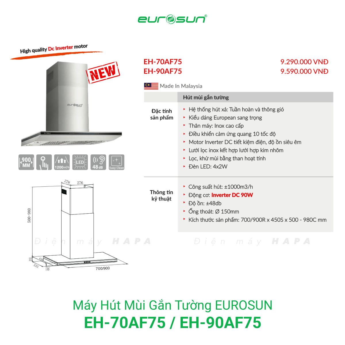 Thông số kỹ thuật Máy Hút Mùi Đảo Eurosun EH-70AF75 - EH-90AF75 - Hàng Chính Hãng 100%