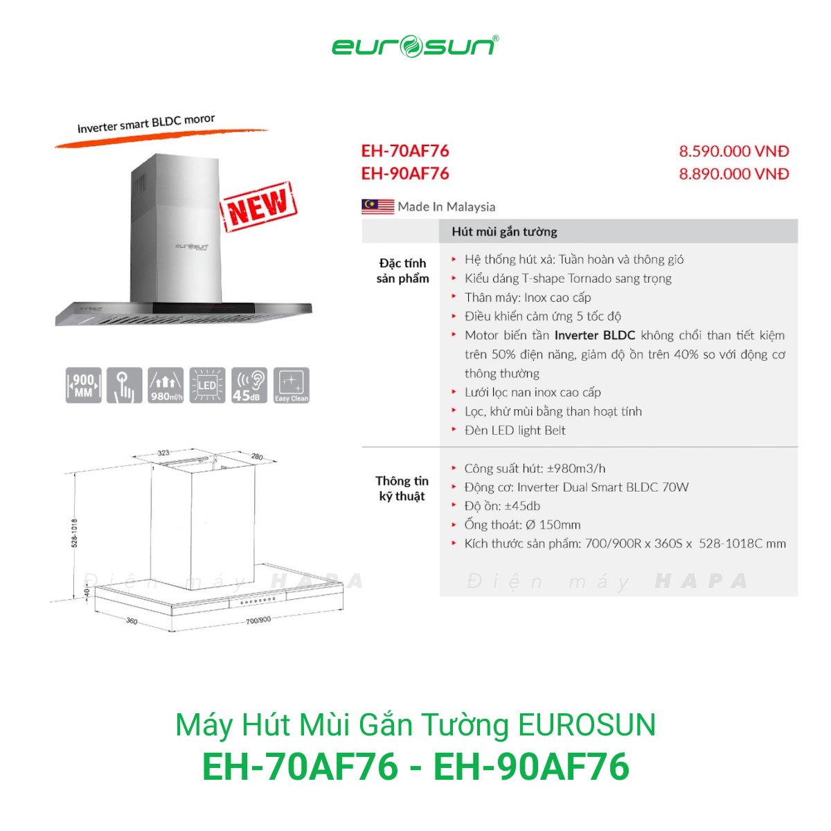 Thông số kỹ thuật Máy Hút Mùi Đảo Eurosun EH-70AF76 - EH-90AF76 - Hàng Chính Hãng 100%