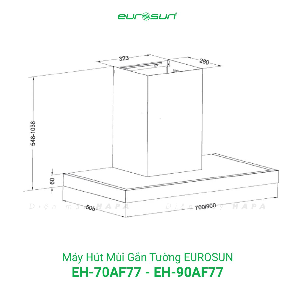 Kích thước lắp đặt Máy Hút Mùi Đảo Eurosun EH-70AF77 - EH-90AF77 - Hàng Chính Hãng 100%