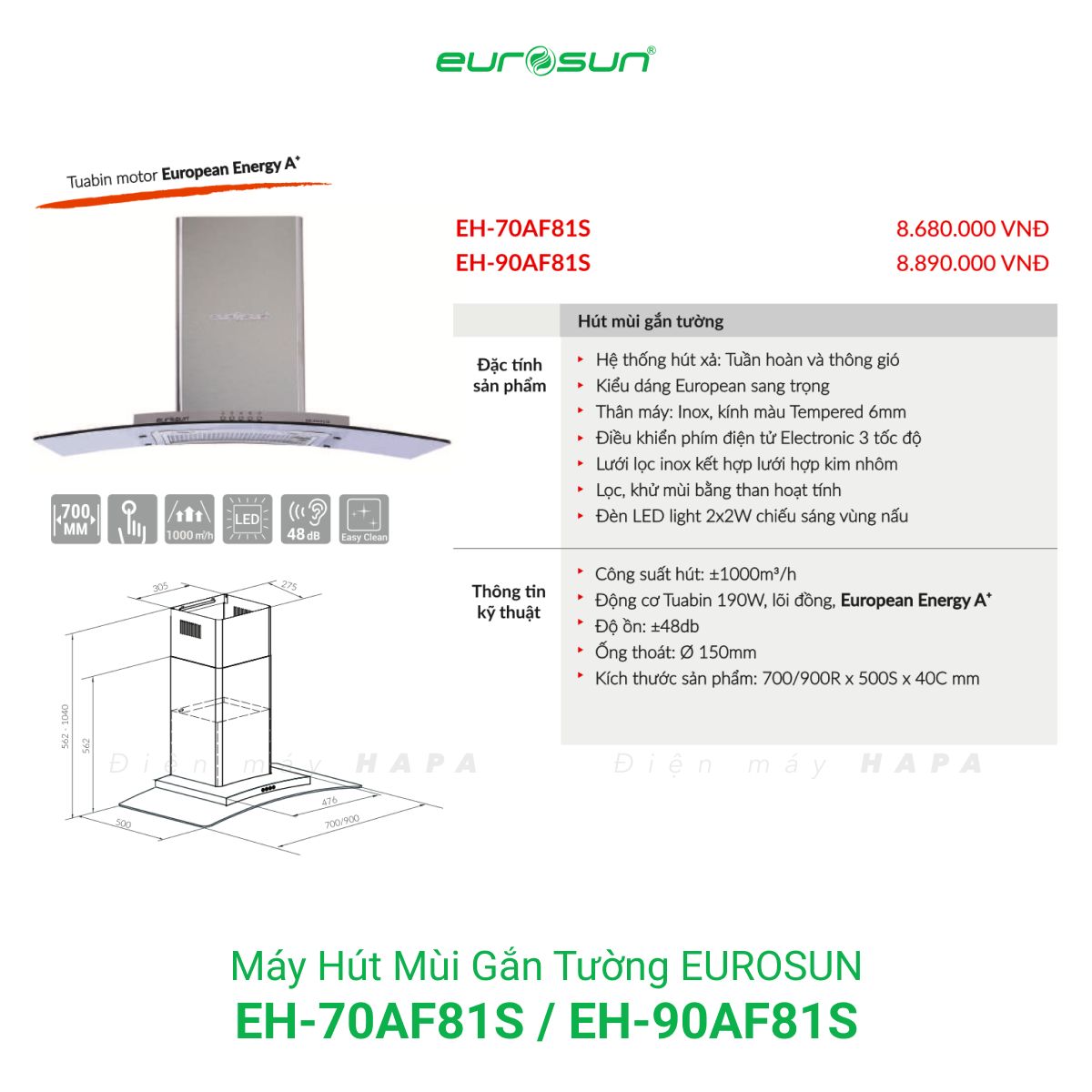 Thông số kỹ thuật Máy Hút Mùi Đảo Eurosun EH-70AF81S - EH-90AF81S - Hàng Chính Hãng 100%