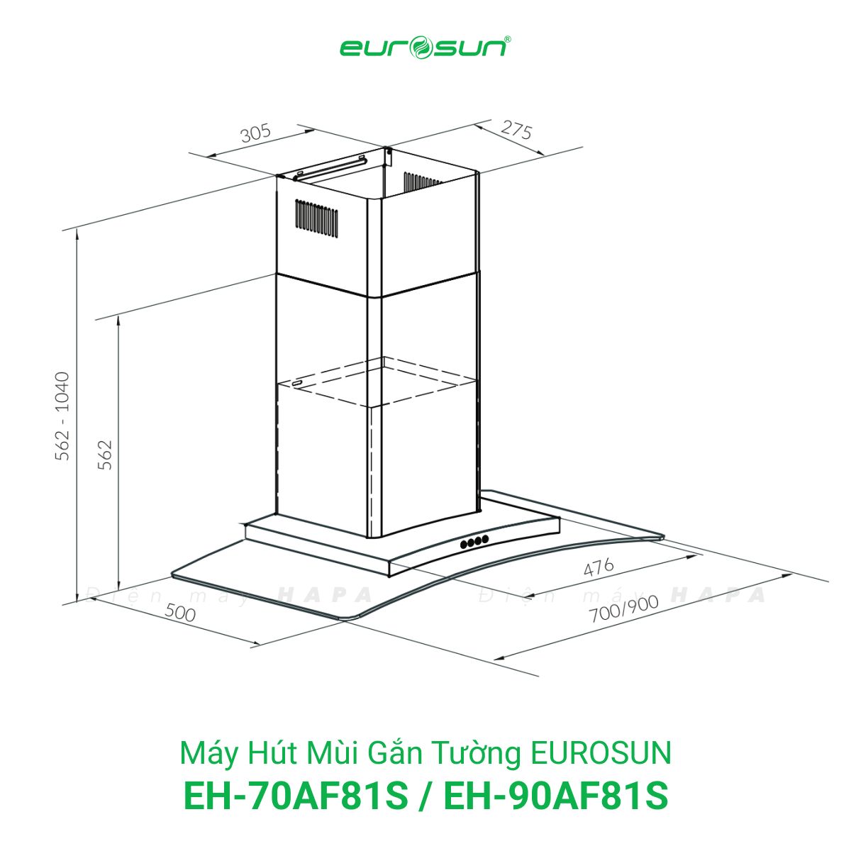 Kích thước lắp đặt Máy Hút Mùi Đảo Eurosun EH-70AF81S - EH-90AF81S - Hàng Chính Hãng 100%
